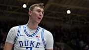 Jan 7, 2025; Durham, North Carolina, USA; Duke Blue Devils forward Cooper Flagg (2) reacts during the second half against the Pitt Panthers at Cameron Indoor Stadium. Mandatory Credit: Rob Kinnan-Imagn Images