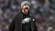 Nov 28, 2025; Philadelphia, Pennsylvania, USA; Philadelphia Eagles head coach Nick Sirianni reacts during the second quarter of the game against the Chicago Bears at Lincoln Financial Field. Mandatory Credit: Bill Streicher-Imagn Images