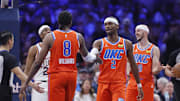 Nov 28, 2025; Oklahoma City, Oklahoma, USA; Oklahoma City Thunder guard Shai Gilgeous-Alexander (2) and guard Jalen Williams (8) high five after a play against the Phoenix Suns during the second quarter at Paycom Center. Mandatory Credit: Alonzo Adams-Imagn Images