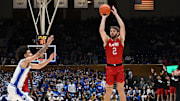 Dec 10, 2024; Durham, North Carolina, USA;  Incarnate Word Cardinals forward Dylan Hayman (2)  shoots the ball during the first half against the Duke Blue Devils at Cameron Indoor Stadium. Mandatory Credit: Rob Kinnan-Imagn Images