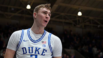 Jan 7, 2025; Durham, North Carolina, USA; Duke basketball forward Cooper Flagg (2) reacts during the second half against the Pitt Panthers at Cameron Indoor Stadium.