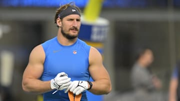 Dec 15, 2024; Inglewood, California, USA;  Los Angeles Chargers linebacker Joey Bosa (97) warms up prior to the game against the Tampa Bay Buccaneers at SoFi Stadium. Mandatory Credit: Jayne Kamin-Oncea-Imagn Images