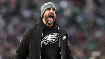 Nov 28, 2025; Philadelphia, Pennsylvania, USA; Philadelphia Eagles head coach Nick Sirianni reacts during the second quarter of the game against the Chicago Bears at Lincoln Financial Field. 