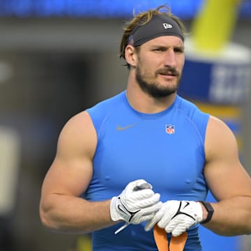 Dec 15, 2024; Inglewood, California, USA;  Los Angeles Chargers linebacker Joey Bosa (97) warms up prior to the game.