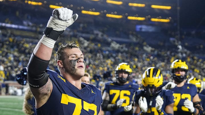 Michigan offensive lineman Blake Frazier (77) celebrates 21-16 win over Purdue at Michigan Stadium in Ann Arbor on Saturday, November 1, 2025.