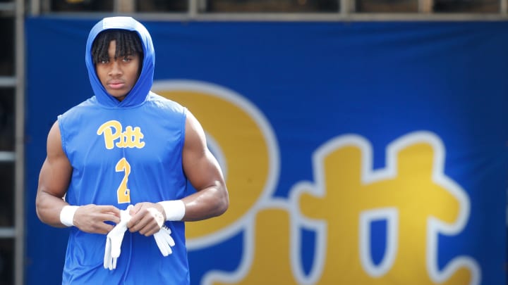 Nov 4, 2023; Pittsburgh, Pennsylvania, USA;  Pittsburgh Panthers wide receiver Kenny Johnson (2) takes the field to warm up before the game against the Florida State Seminoles at Acrisure Stadium. Mandatory Credit: Charles LeClaire-USA TODAY SportsP