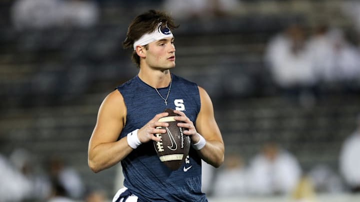 Nov 9, 2024; University Park, Pennsylvania, USA; Penn State Nittany Lions quarterback Beau Pribula (9) warms up before a game against the Washington Huskies at Beaver Stadium. Mandatory Credit: Matthew O'Haren-Imagn Images Nov 9, 2024; University Park, Pennsylvania, USA; Penn State Nittany Lions quarterback Beau Pribula (9) warms up before a game against the Washington Huskies at Beaver Stadium. Mandatory Credit: Matthew O'Haren-Imagn Images