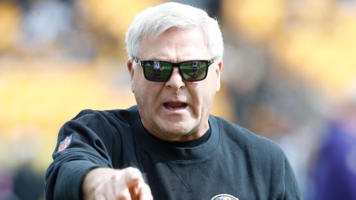 Oct 8, 2023; Pittsburgh, Pennsylvania, USA;  Baltimore Ravens offensive line coach Joe D'Alessandris instructs before the game against the Pittsburgh Steelers at Acrisure Stadium. Mandatory Credit: Charles LeClaire-USA TODAY Sports