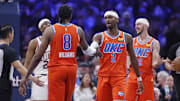 Nov 28, 2025; Oklahoma City, Oklahoma, USA; Oklahoma City Thunder guard Shai Gilgeous-Alexander (2) and guard Jalen Williams (8) high five after a play against the Phoenix Suns during the second quarter at Paycom Center. Mandatory Credit: Alonzo Adams-Imagn Images