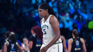 Aug 21, 2025; Brooklyn, New York, USA; New York Liberty center Jonquel Jones (35) reacts during the second half against the Chicago Sky at Barclays Center. Mandatory Credit: John Jones-Imagn Images