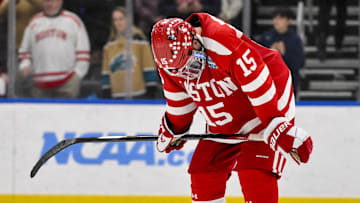 Apr 12, 2025; St. Louis, MO.: Boston University Terriers forward Matt Copponi (15) reacts after the 2025 national championship game won by Western Michigan, 