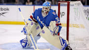 Oct 20, 2025; New York, New York, USA; New York Rangers goaltender Igor Shesterkin (31) tends net against the Minnesota Wild during the first period at Madison Square Garden. Mandatory Credit: Brad Penner-Imagn Images