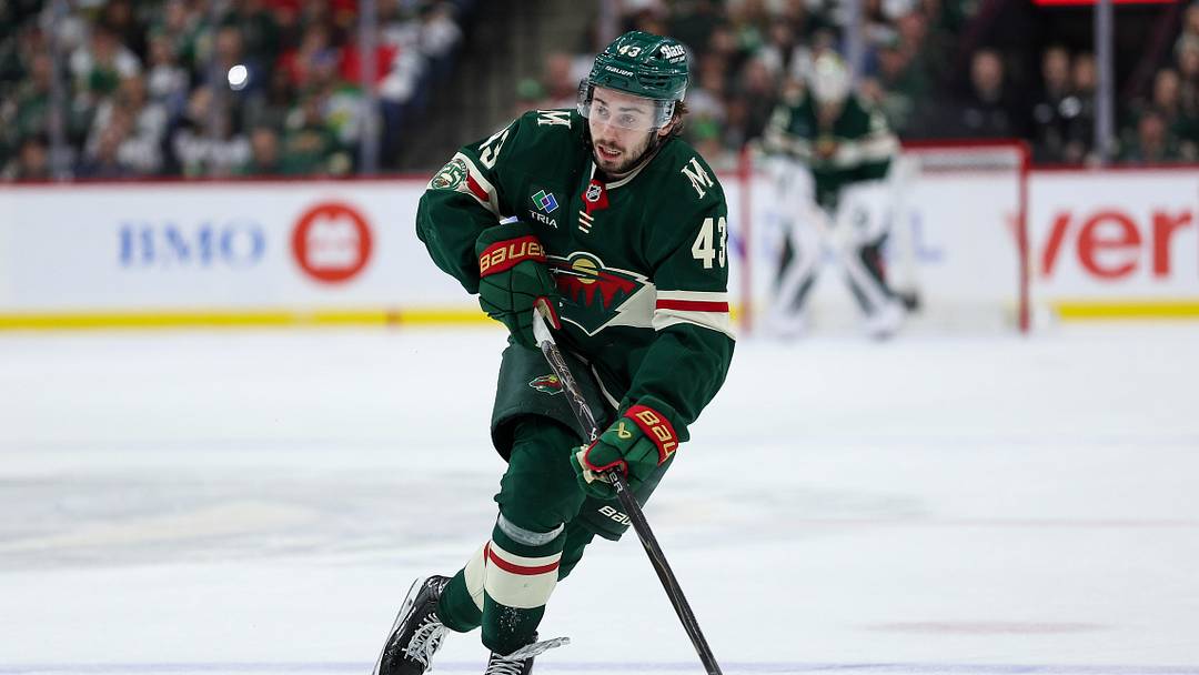May 11, 2026; Saint Paul, Minnesota, USA; Minnesota Wild defenseman Quinn Hughes (43) skates with the puck against the Colorado Avalanche during the second period in game four of the second round of the 2026 Stanley Cup Playoffs at Grand Casino Arena. Mandatory Credit: Matt Krohn-Imagn Images