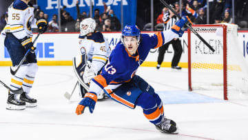 Dec 27, 2017; Brooklyn, NY, USA; New York Islanders center Mathew Barzal (13) celebrates his goal in