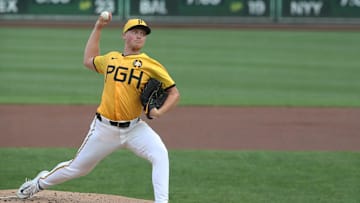Aug 8, 2025; Pittsburgh, Pennsylvania, USA;  Pittsburgh Pirates starting pitcher Mitch Keller (23) deliver a pitch against the Cincinnati Reds during the first inning at PNC Park. Mandatory Credit: Charles LeClaire-Imagn Images