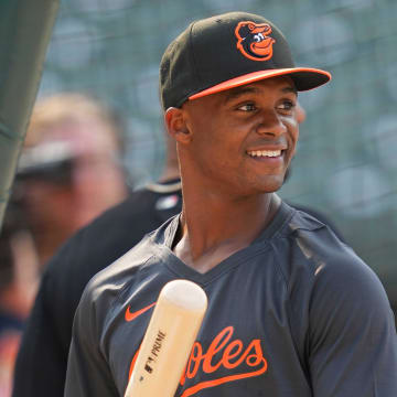 Jul 18, 2023; Baltimore, Maryland, USA; Baltimore Orioles draft pick Enrique Bradfield Jr. takes batting practice prior to the game against the Los Angeles Dodgers at Oriole Park at Camden Yards. 