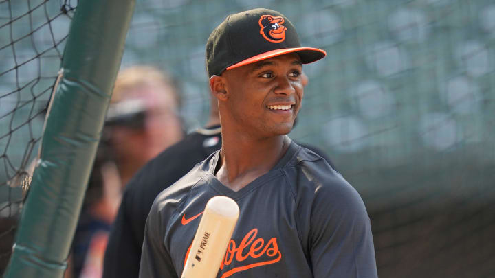 Jul 18, 2023; Baltimore, Maryland, USA; Baltimore Orioles draft pick Enrique Bradfield Jr. takes batting practice prior to the game against the Los Angeles Dodgers at Oriole Park at Camden Yards. 