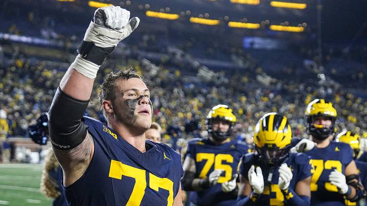 Michigan offensive lineman Blake Frazier (77) celebrates 21-16 win over Purdue at Michigan Stadium in Ann Arbor on Saturday, November 1, 2025.