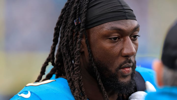 Jacksonville Jaguars linebacker Devin Lloyd (0) looks on from the sideline during the fourth quarter of an NFL football matchup at EverBank Stadium, Sunday, Jan. 4, 2026, in Jacksonville, Fla. The Jaguars defeated the Titans 41-7, capturing the AFC South title. 