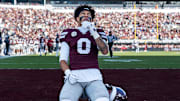 Mississippi State wide receiver Brenen Thompson (0) looks to the sky before a college football game between Mississippi State and Ole Miss at Davis Wade Stadium in Starkville, Miss., on Friday, Nov. 28, 2025. Ole Miss defeated Mississippi State 38-19 in the Egg Bowl.