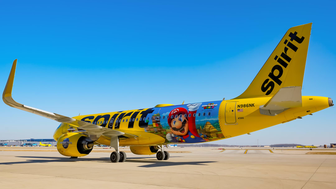 Universal Studios Hollywood and Spirit Airlines soar to new heights with the first-ever SUPER NINTENDO WORLD themed Airbus A320neo, flying now through May 2024. -- credit: Spirit Airlines