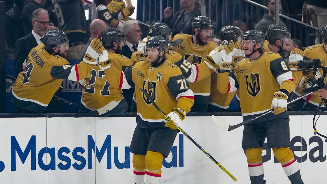 May 24, 2026; Las Vegas, Nevada, USA; Vegas Golden Knights center William Karlsson (71) celebrates scoring during the second period against the Colorado Avalanche in game three of the Western Conference Final of the 2026 Stanley Cup Playoffs at T-Mobile Arena. Mandatory Credit: Stephen R. Sylvanie-Imagn Images