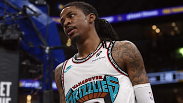 Apr 18, 2025; Memphis, Tennessee, USA; Memphis Grizzlies guard Ja Morant (12) reacts during the fourth quarter against the Dallas Mavericks at FedExForum. Mandatory Credit: Petre Thomas-Imagn Images