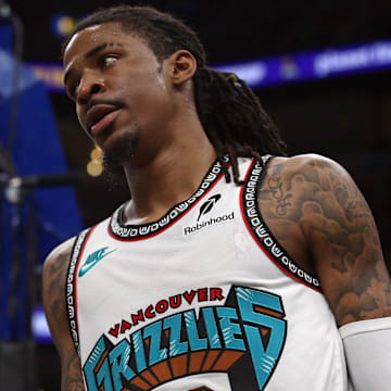 Apr 18, 2025; Memphis, Tennessee, USA; Memphis Grizzlies guard Ja Morant (12) reacts during the fourth quarter against the Dallas Mavericks at FedExForum. Mandatory Credit: Petre Thomas-Imagn Images