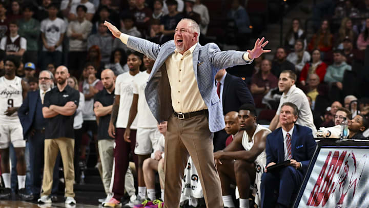 Dec 3, 2024; College Station, Texas, USA; Texas A&M Aggies head coach Buzz Williams reacts during the second half against the Wake Forest Demon Deacons. The Aggies defeated the Demon Deacons 57-44 at Reed Arena. Mandatory Credit: Maria Lysaker-Imagn Images
Dec 3, 2024; College Station, Texas, USA; Texas A&M Aggies head coach Buzz Williams reacts during the second half against the Wake Forest Demon Deacons. The Aggies defeated the Demon Deacons 57-44 at Reed Arena. Mandatory Credit: Maria Lysaker-Imagn Images