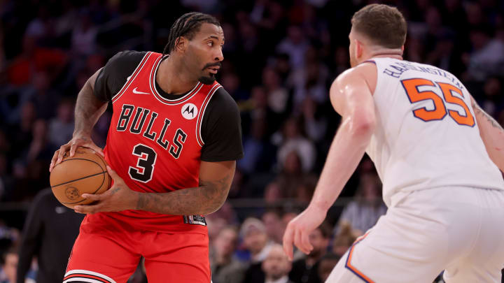 Jan 3, 2024; New York, New York, USA; Chicago Bulls center Andre Drummond (3) controls the ball against New York Knicks center Isaiah Hartenstein (55) during the third quarter at Madison Square Garden. Mandatory Credit: Brad Penner-USA TODAY Sports