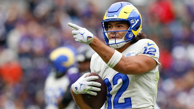 Puka Nacua injured his foot in the first half of the Rams’ 17–3 win over the Ravens.