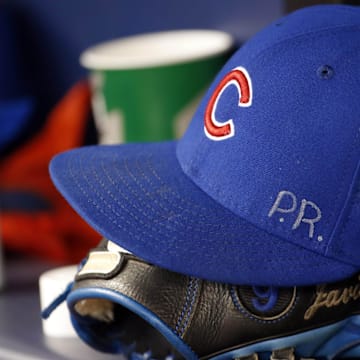 Sep 20, 2017; St. Petersburg, FL, USA; A detailed view of Chicago Cubs third baseman Javier Baez (9) (not pictured) hat and glove with the initials P.R. for his home country Puerto Rico against the Tampa Bay Rays at Tropicana Field.