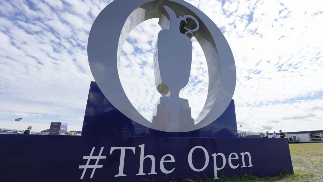 Jul 12, 2022; St. Andrews, Fife, SCT; An oversized logo during a practice round for the 150th Open Championship golf tournament at St. Andrews Old Course. Mandatory Credit: Michael Madrid-USA TODAY Sports