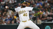 Apr 7, 2025; West Sacramento, California, USA; Athletics pitcher Luis Severino (40) throws a pitch against the San Diego Padres during the second inning at Sutter Health Park. Mandatory Credit: Ed Szczepanski-Imagn Images