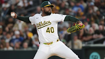 Apr 7, 2025; West Sacramento, California, USA; Athletics pitcher Luis Severino (40) throws a pitch against the San Diego Padres during the second inning at Sutter Health Park. Mandatory Credit: Ed Szczepanski-Imagn Images