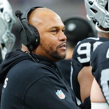 Jan 7, 2024; Paradise, Nevada, USA; Las Vegas Raiders head coach Antonio Pierce is on the sideline during a game against the Denver Broncos during the first quarter at Allegiant Stadium. Mandatory Credit: Stephen R. Sylvanie-USA TODAY Sports