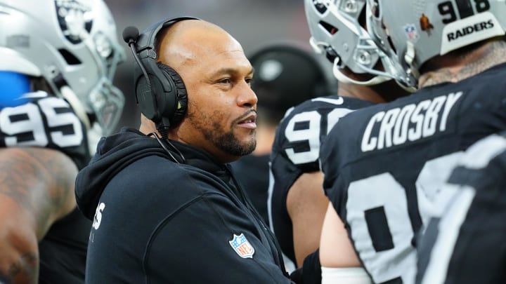 Jan 7, 2024; Paradise, Nevada, USA; Las Vegas Raiders head coach Antonio Pierce is on the sideline during a game against the Denver Broncos during the first quarter at Allegiant Stadium. Mandatory Credit: Stephen R. Sylvanie-USA TODAY Sports