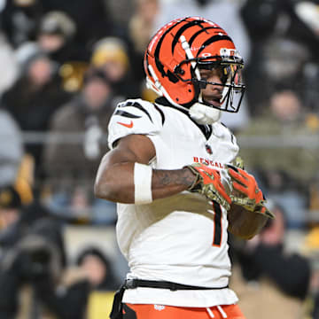 Jan 4, 2025; Pittsburgh, Pennsylvania, USA; Cincinnati Bengals wide receiver Ja'Marr Chase (1) celebrates after a touchdown pass against the Pittsburgh Steelers during the first quarter at Acrisure Stadium. Mandatory Credit: Barry Reeger-Imagn Images
