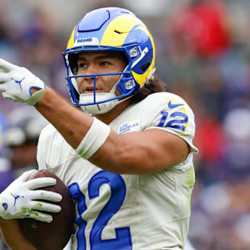 Oct 12, 2025; Baltimore, Maryland, USA; Los Angeles Rams wide receiver Puka Nacua (12) celebrates after a play against the Baltimore Ravens during the second quarter of the game at M&T Bank Stadium. Mandatory Credit: Peter Casey-Imagn Images