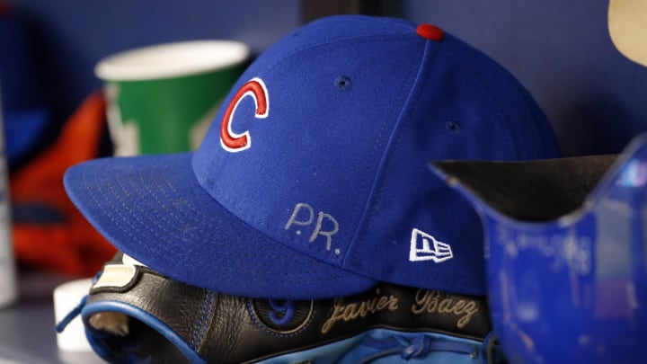 Sep 20, 2017; St. Petersburg, FL, USA; A detailed view of Chicago Cubs third baseman Javier Baez (9) (not pictured) hat and glove with the initials P.R. for his home country Puerto Rico against the Tampa Bay Rays at Tropicana Field.