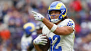 Oct 12, 2025; Baltimore, Maryland, USA; Los Angeles Rams wide receiver Puka Nacua (12) celebrates after a play against the Baltimore Ravens during the second quarter of the game at M&T Bank Stadium. Mandatory Credit: Peter Casey-Imagn Images