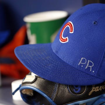 Sep 20, 2017; St. Petersburg, FL, USA; A detailed view of Chicago Cubs third baseman Javier Baez (9) (not pictured) hat and glove with the initials P.R. for his home country Puerto Rico against the Tampa Bay Rays at Tropicana Field.