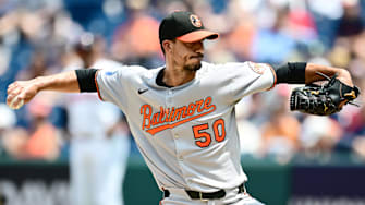 Jul 24, 2025; Cleveland, Ohio, USA; Baltimore Orioles starting pitcher Charlie Morton (50) throws a pitch during the first inning against the Cleveland Guardians at Progressive Field. 