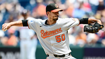 Jul 24, 2025; Cleveland, Ohio, USA; Baltimore Orioles starting pitcher Charlie Morton (50) throws a pitch during the first inning against the Cleveland Guardians at Progressive Field. 