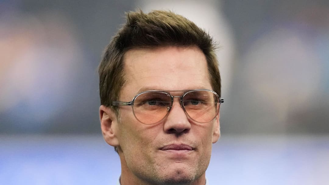Dec 14, 2025; Inglewood, California, USA; Fox broadcaster Tom Brady is seen prior to the game between the Detroit Lions and the Los Angeles Rams at SoFi Stadium. Mandatory Credit: Kirby Lee-Imagn Images