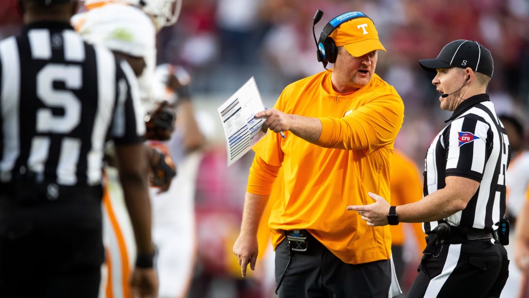 Tennessee head coach Josh Heupel argues with an official during a football game between Tennessee and Alabama at Bryant-Denny Stadium in Tuscaloosa, Ala., on Saturday, Oct. 21, 2023.