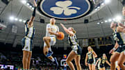 Notre Dame guard Hannah Hidalgo (3) goes up for a shot against Purdue