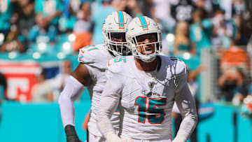 Sep 8, 2024; Miami Gardens, Florida, USA; Miami Dolphins linebacker Jaelan Phillips (15) celebrates after sacking Jacksonville Jaguars quarterback Trevor Lawrence (not pictured) during the fourth quarter at Hard Rock Stadium. Mandatory Credit: Sam Navarro-Imagn Images