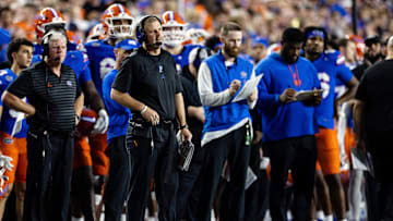 Sep 7, 2024; Gainesville, Florida, USA; Florida Gators head coach Billy Napier looks on against the Samford Bulldogs during the second half at Ben Hill Griffin Stadium. Mandatory Credit: Matt Pendleton-Imagn Images