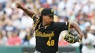 Aug 31, 2024; Cleveland, Ohio, USA; Pittsburgh Pirates relief pitcher Luis Ortiz (48) throws a pitch during the first inning against the Cleveland Guardians at Progressive Field. Mandatory Credit: Ken Blaze-Imagn Images